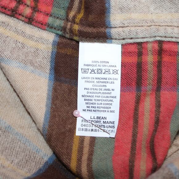 L. L. Bean Traditional Fit Mens Flannel Shirt sz L Tan, Red & Green Scotch Plaid - Picture 6 of 9